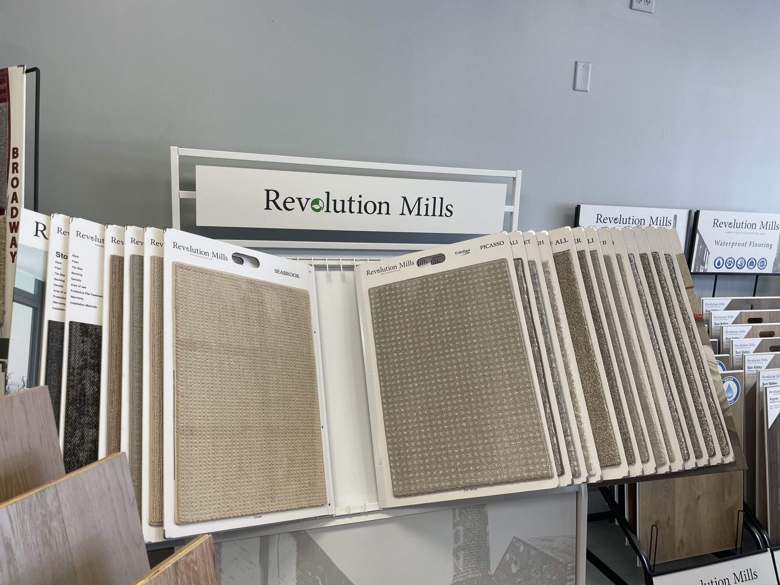 tricolor flooring sample display for Revolution Mills